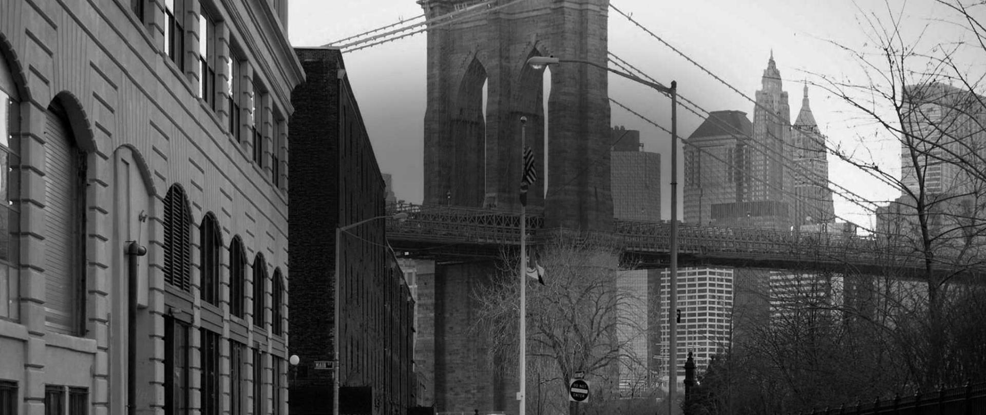Black and white photo of downtown Brooklyn