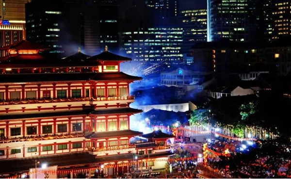 High-angle view of chinatown at night near The Fullerton Hotel Singapore