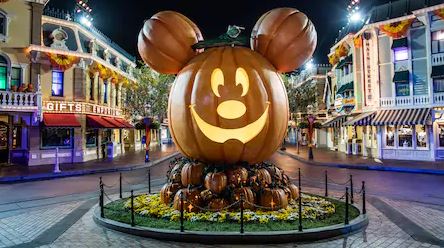 Mickey shaped pumpkin decoration at Disneyland