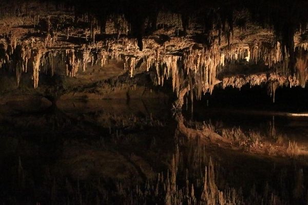 underground cavern with stactites and stalagmites